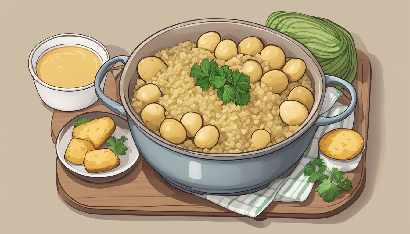 A pot of boiled potatoes surrounded by soothing foods like rice, applesauce, and toast, representing the BRAT diet for diarrhea relief