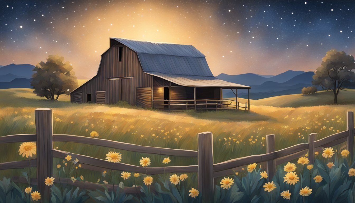 A rustic barn adorned with cowboy boots, bales of hay, and wildflowers under a starry Texas sky