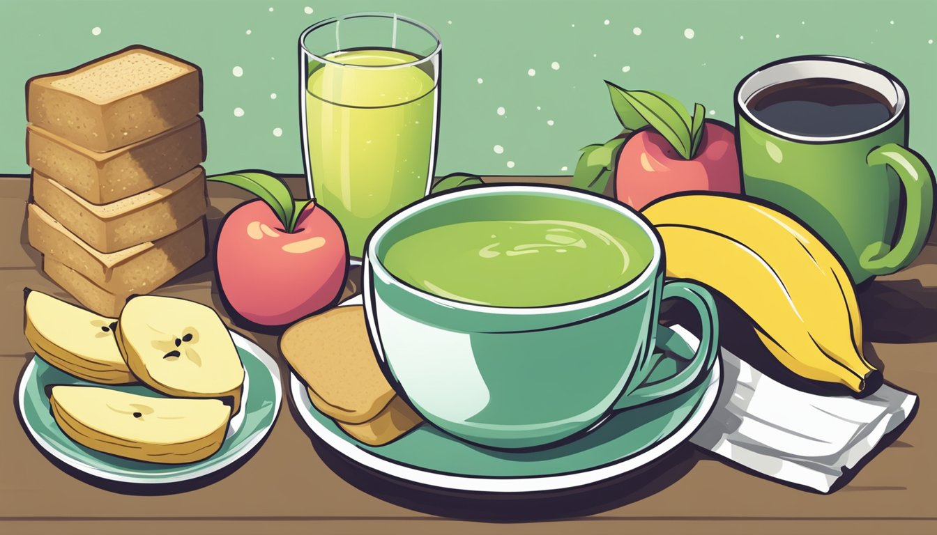 A cup of green tea surrounded by bananas, rice, apples, and toast, symbolizing the BRAT diet and other gut-soothing foods to alleviate diarrhea