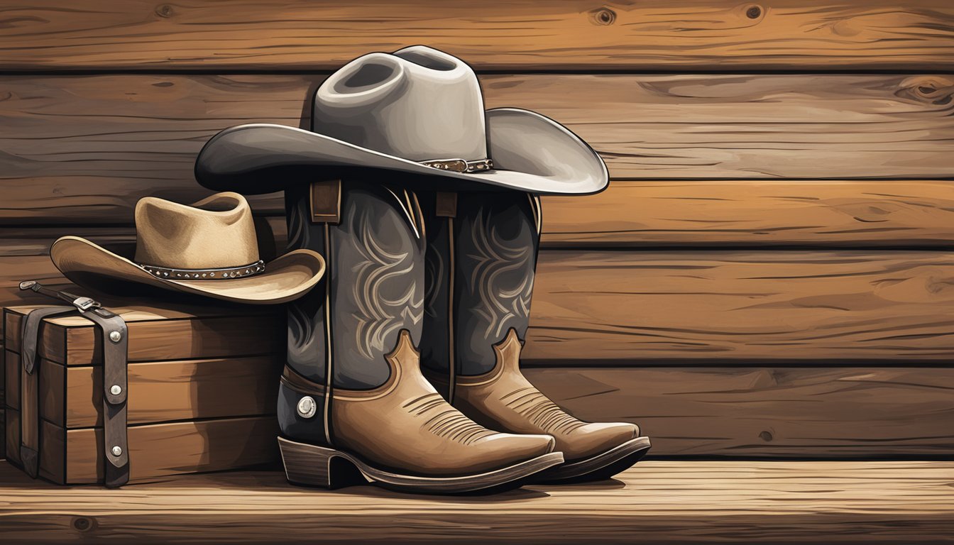 A dusty cowboy hat and boots sit on a weathered wooden bench in front of a rustic sign for the Texas Western Heritage Museum