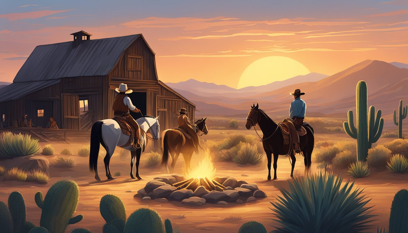 A group of cowboys gather around a campfire, surrounded by rolling hills and cacti. A lone horse grazes in the background as the sun sets behind a rustic barn