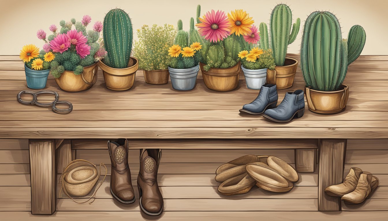 A rustic wooden table set with cowboy boots, cacti, and a burlap runner, surrounded by wildflowers and horseshoes