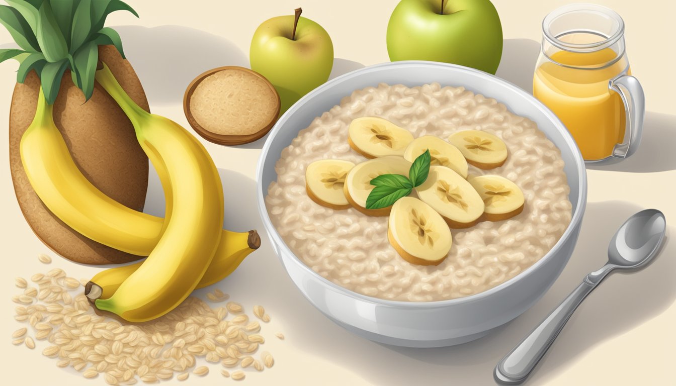 A bowl of oatmeal surrounded by bananas, rice, applesauce, and toast