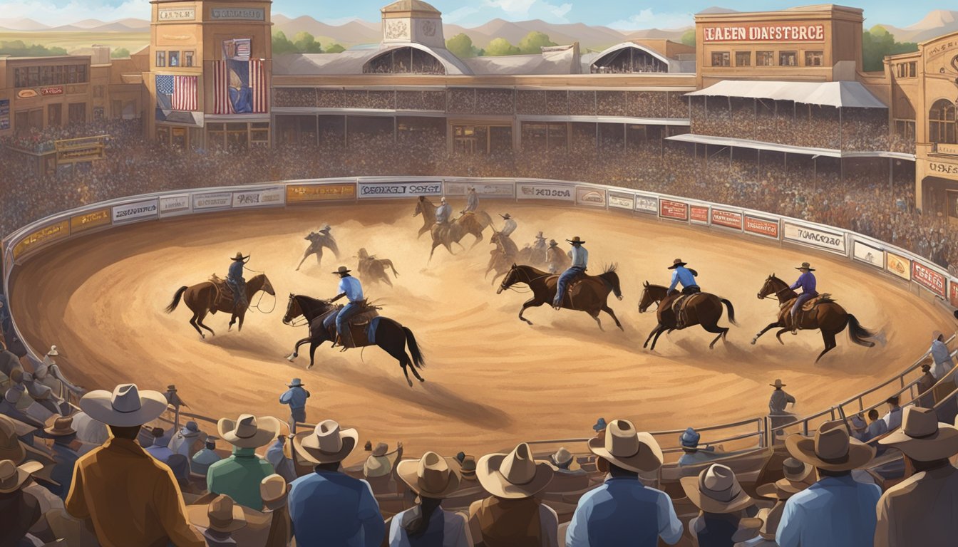 A bustling rodeo arena with cowboys competing in various events, surrounded by western heritage museums showcasing cowboy sports