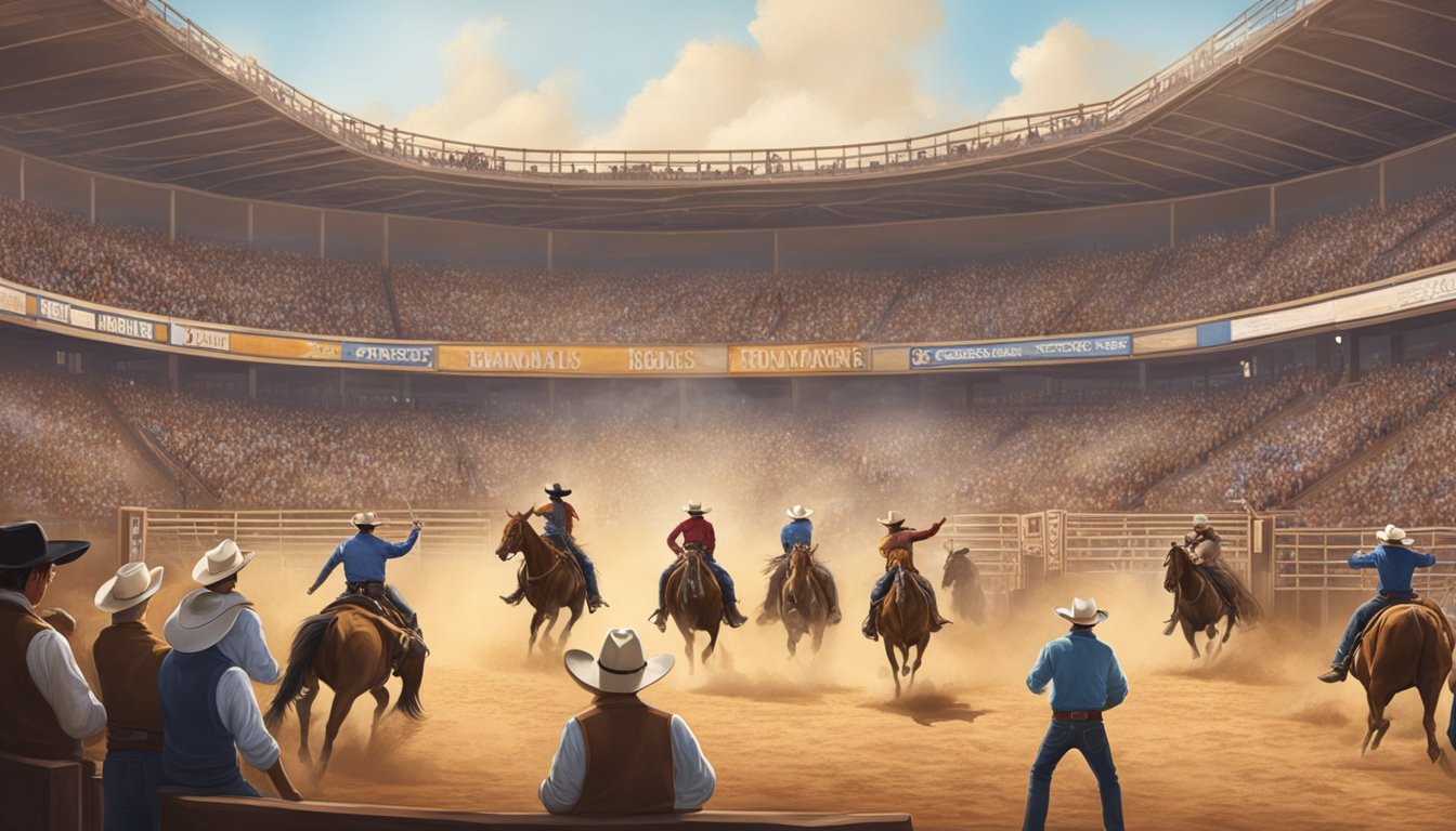 A dusty rodeo arena with bucking broncos, cheering crowds, and cowboys in cowboy hats and chaps