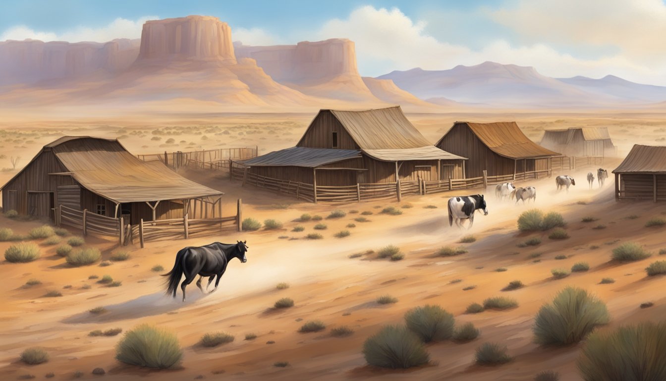 A dusty trail winds through a desert landscape, passing by old western buildings and a corral filled with grazing cattle