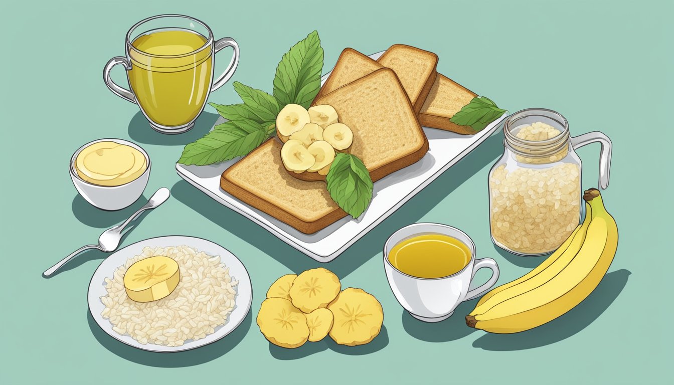 A table filled with ginger, peppermint, and chamomile tea, bananas, rice, and toast, showcasing alternative gut-soothing foods beyond the BRAT diet