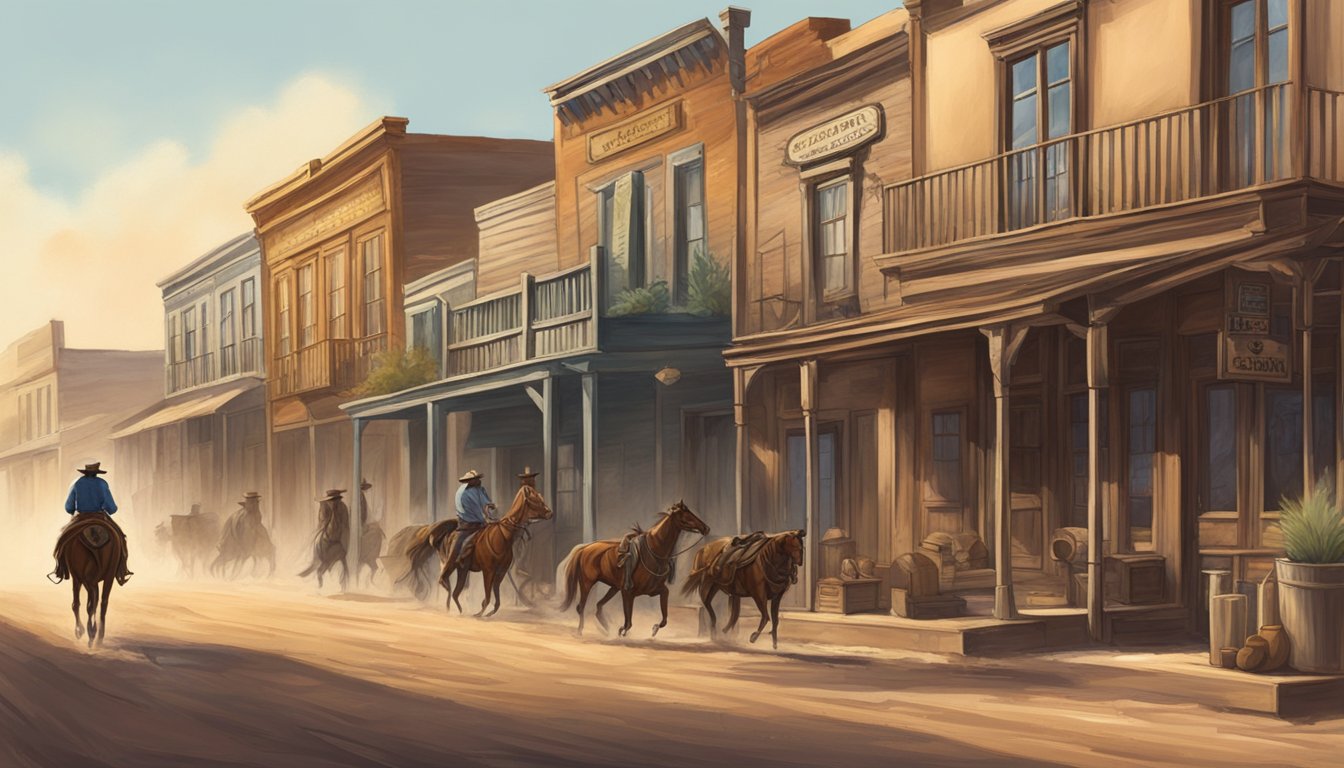 A lone cowboy rides through a dusty western town, passing by saloons and old-fashioned storefronts