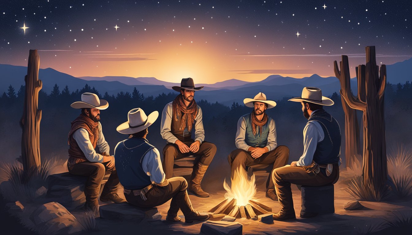 A group of cowboys in traditional western attire gather around a campfire under the starry Texas sky