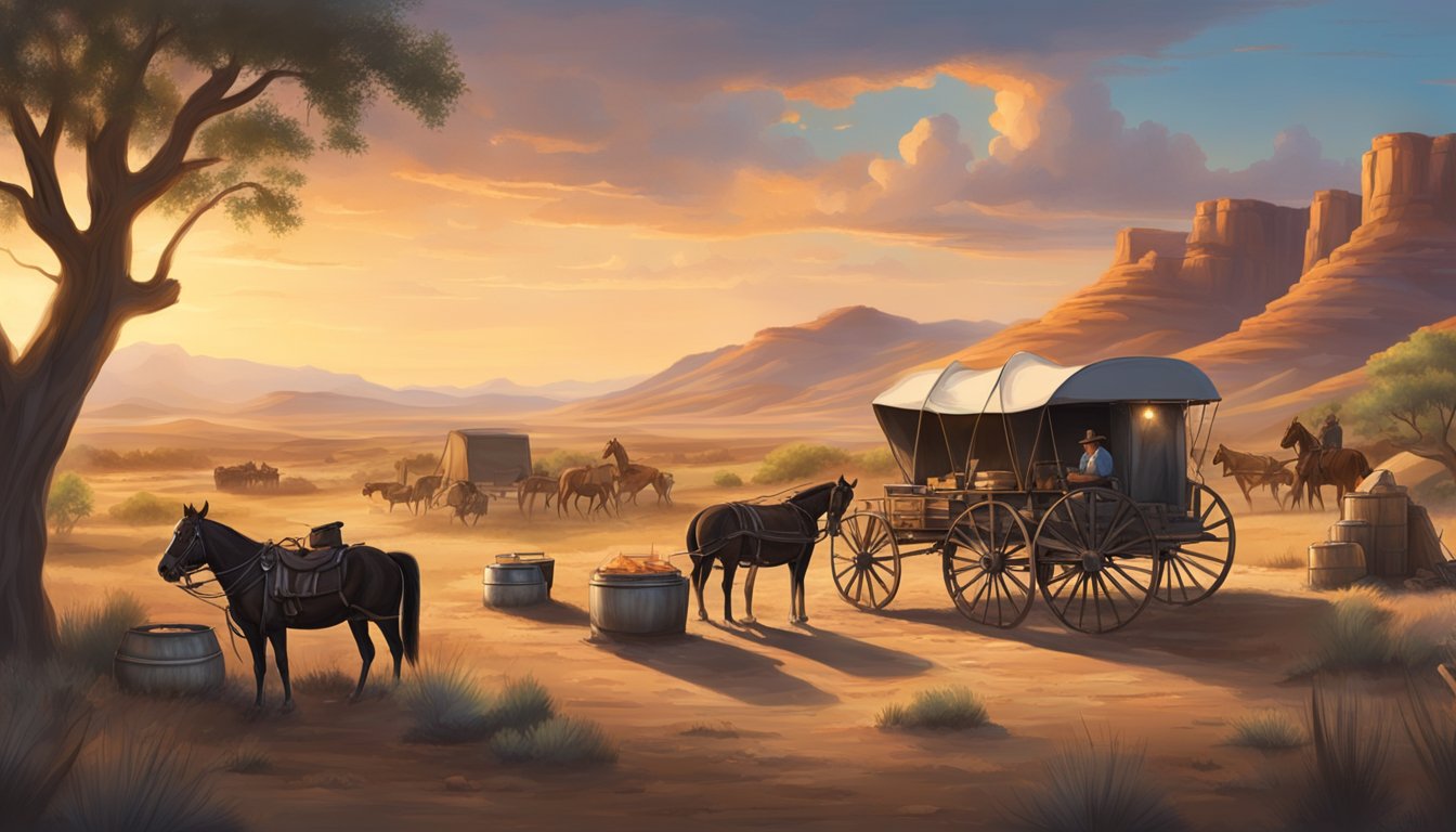 A rustic chuckwagon surrounded by campfire cooking, cowboy hats, and a backdrop of rolling hills and desert landscape