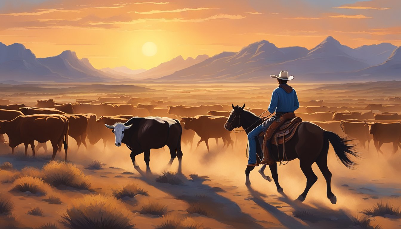 A lone cowboy rides through a dusty Texas landscape, surrounded by cattle and rugged terrain. The setting sun casts a warm glow over the scene, highlighting the iconic cowboy culture of the region