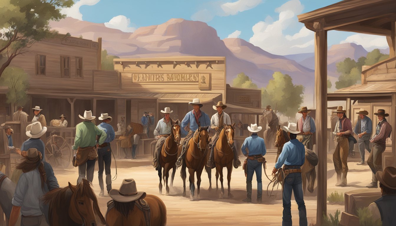 A group of cowboys and horses gather at a western-themed museum, surrounded by educational exhibits and historical artifacts