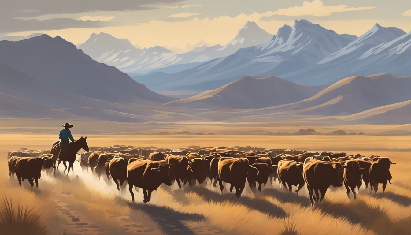 A lone cowboy herding cattle across a vast, open plain with rugged mountains in the distance