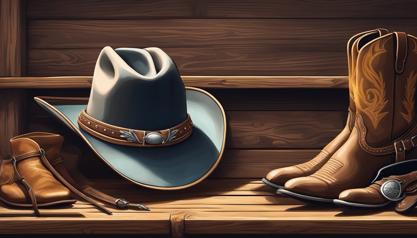 A cowboy hat, boots, spurs, a lasso, and a saddle laid out on a wooden table in a rustic western gear shop