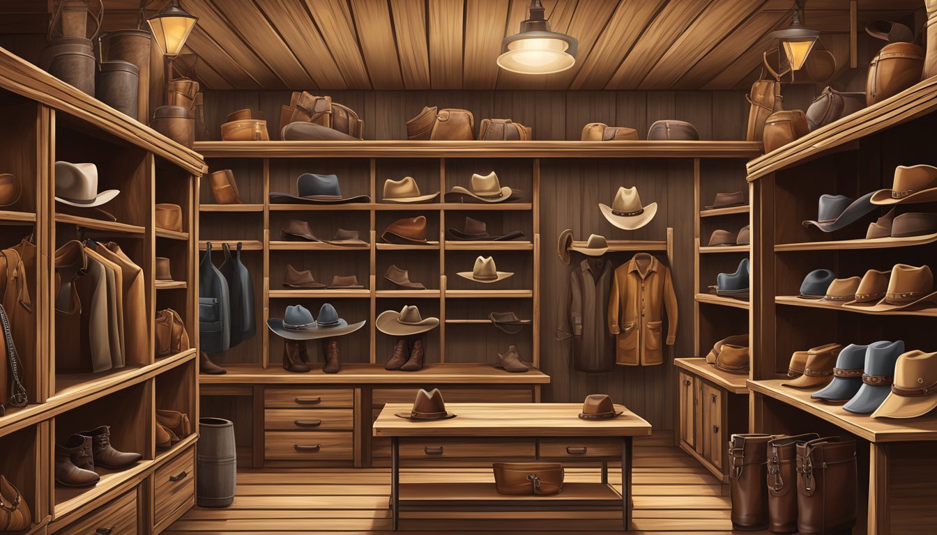 A rustic western gear shop with cowboy hats, boots, and leather accessories displayed on wooden shelves and hanging racks