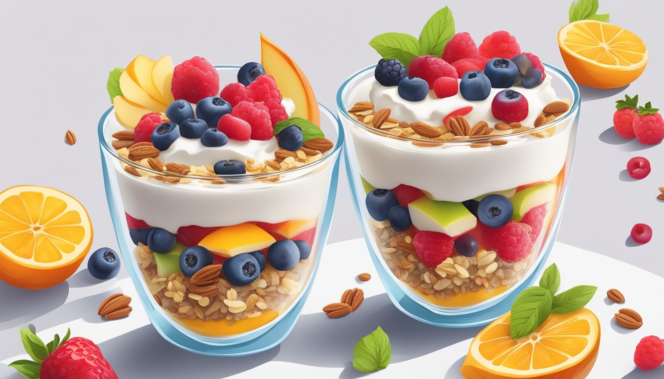 A colorful parfait with layers of yogurt, granola, and fresh berries, surrounded by vibrant fruits and a sprinkle of nuts