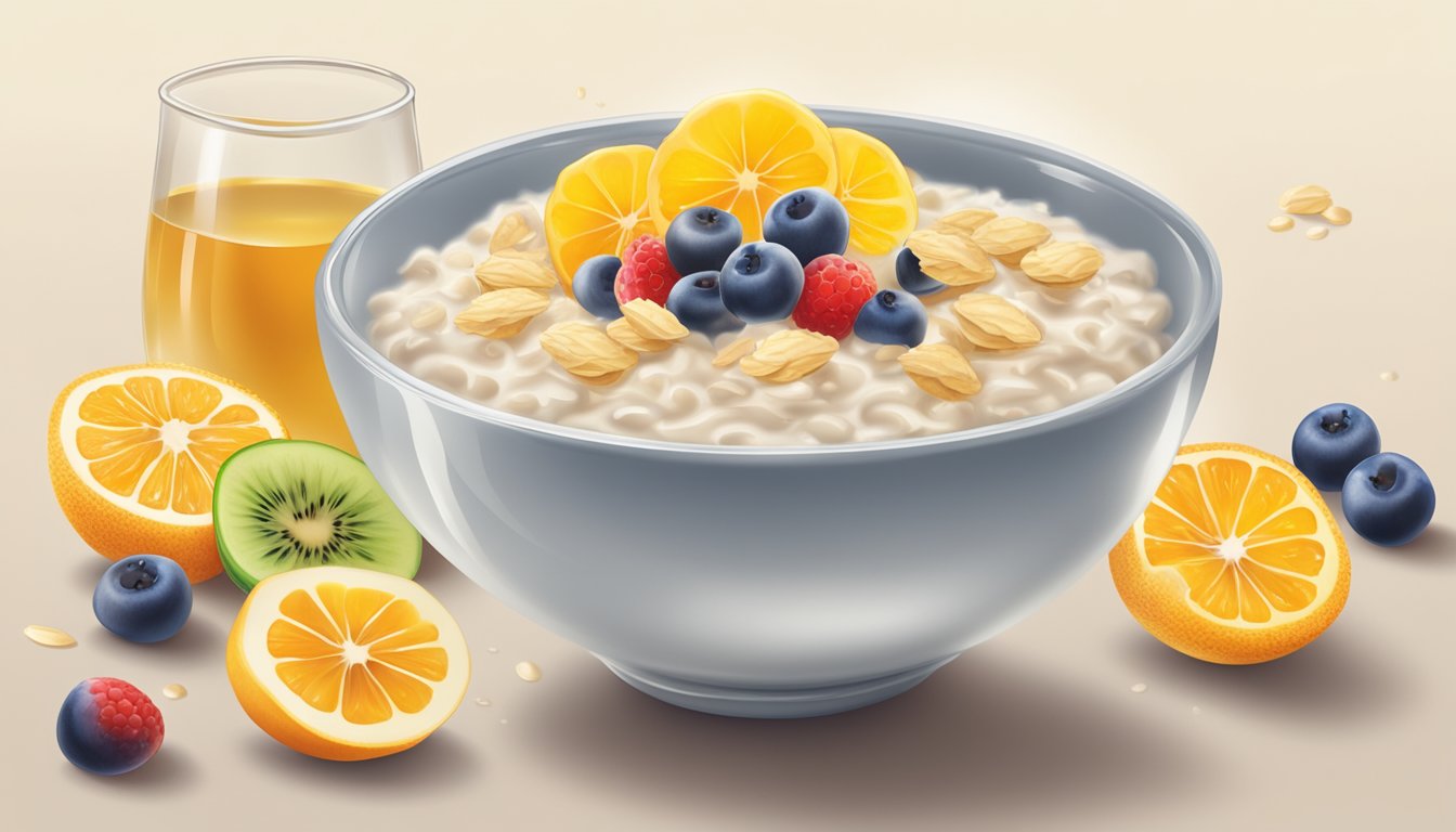 A steaming bowl of oatmeal topped with honey, surrounded by fresh fruits and a glass of water to revive the body and mind