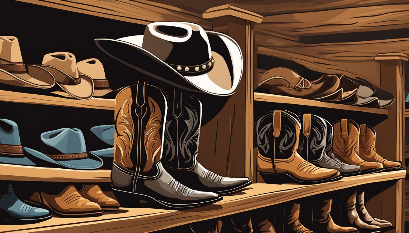 A rustic cowboy hat and leather boots on display in a western gear shop