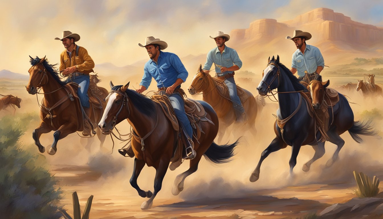 A group of Texas cowboys engage in various western-themed activities, such as roping, riding, and cattle herding, in a lively and interactive exhibition setting