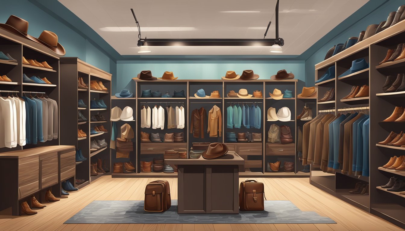 A modern fashion boutique with a western theme, featuring cowboy boots, hats, and leather accessories displayed on sleek shelves and racks