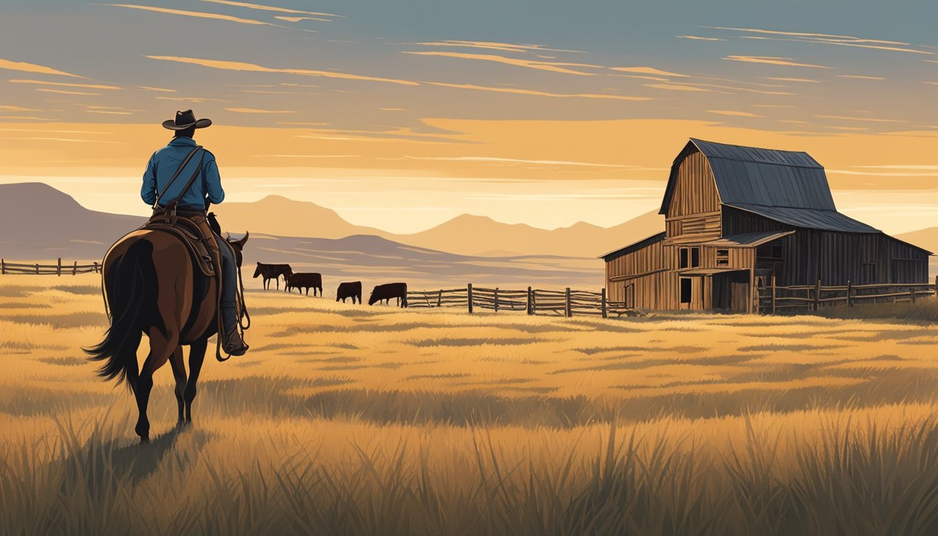 A lone cowboy rides across the open range, surrounded by rolling hills and grazing cattle. A rustic barn and windmill stand in the distance, evoking the spirit of the Old West