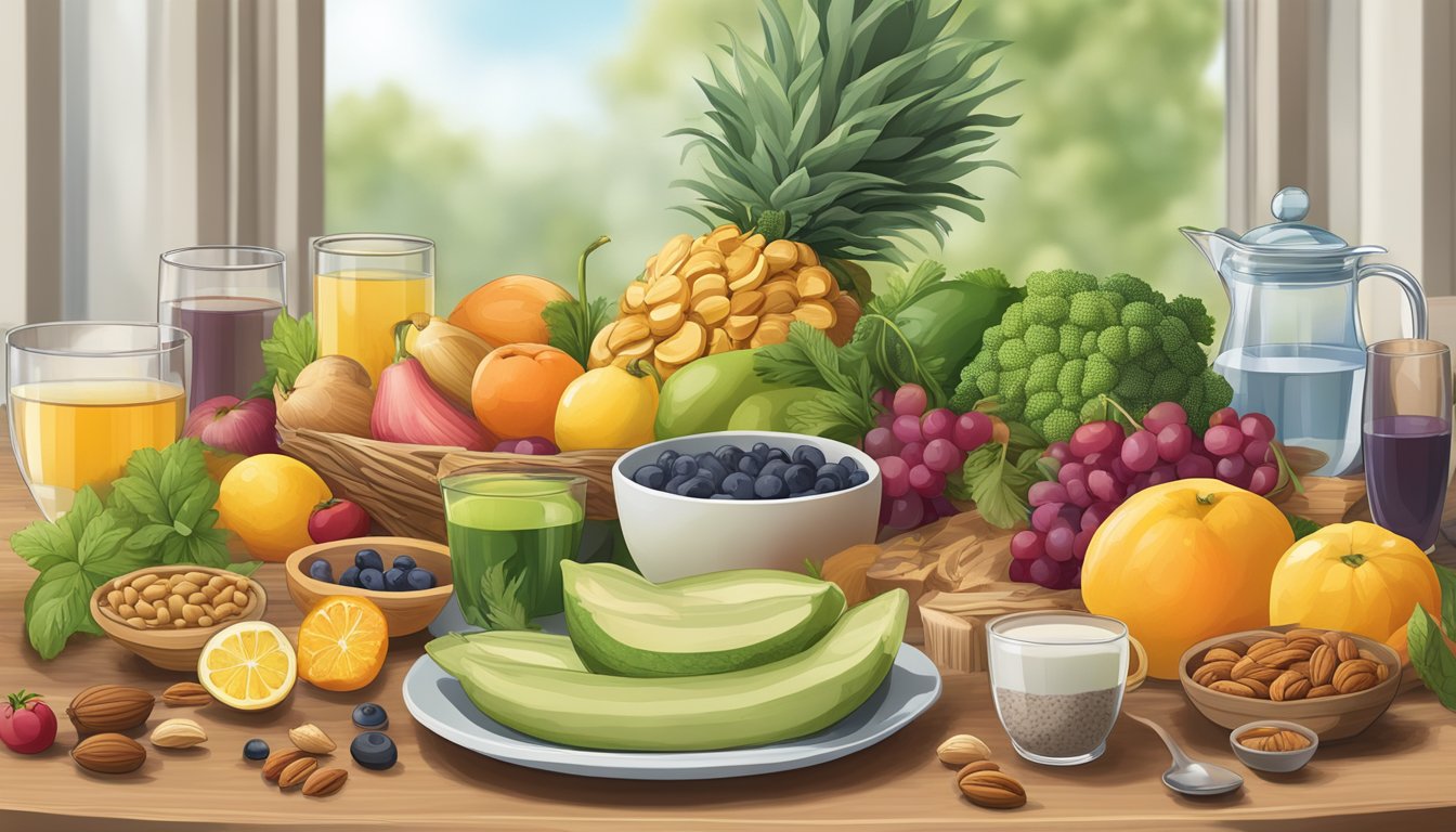 A table spread with colorful fruits, vegetables, nuts, and whole grains, with a glass of water and herbal tea, all promoting brain health and revitalizing the body