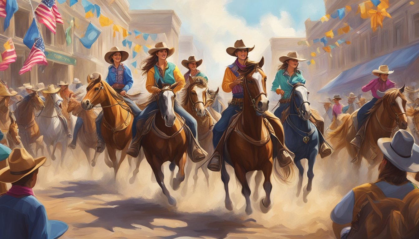 A vibrant parade of cowboys and cowgirls on horseback, adorned in colorful western attire, surrounded by cheering crowds and lively music