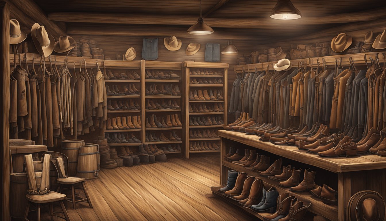 A rustic western gear shop with rows of saddles, boots, and hats. A weathered sign reads "Texas Cowboys Guide to the Best Western Gear Shops."