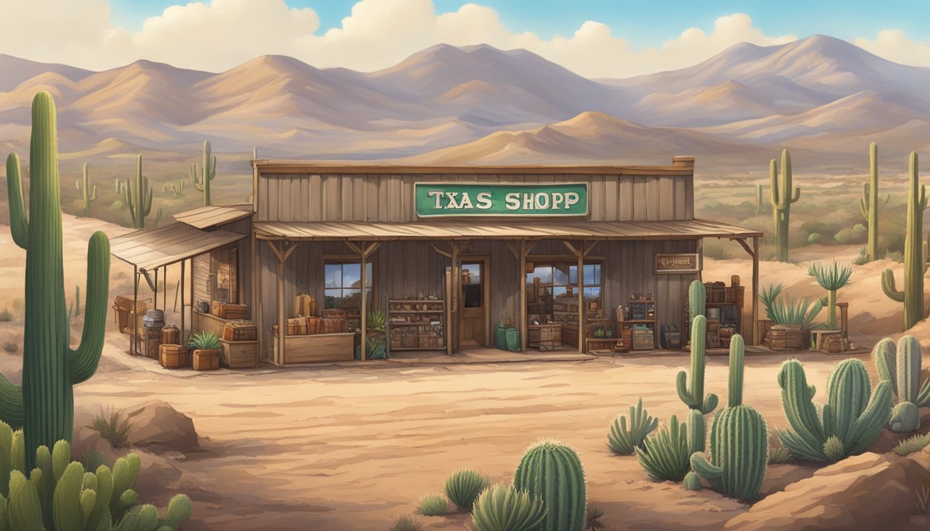 A dusty Texas landscape with a traditional western gear shop nestled among rolling hills and cacti