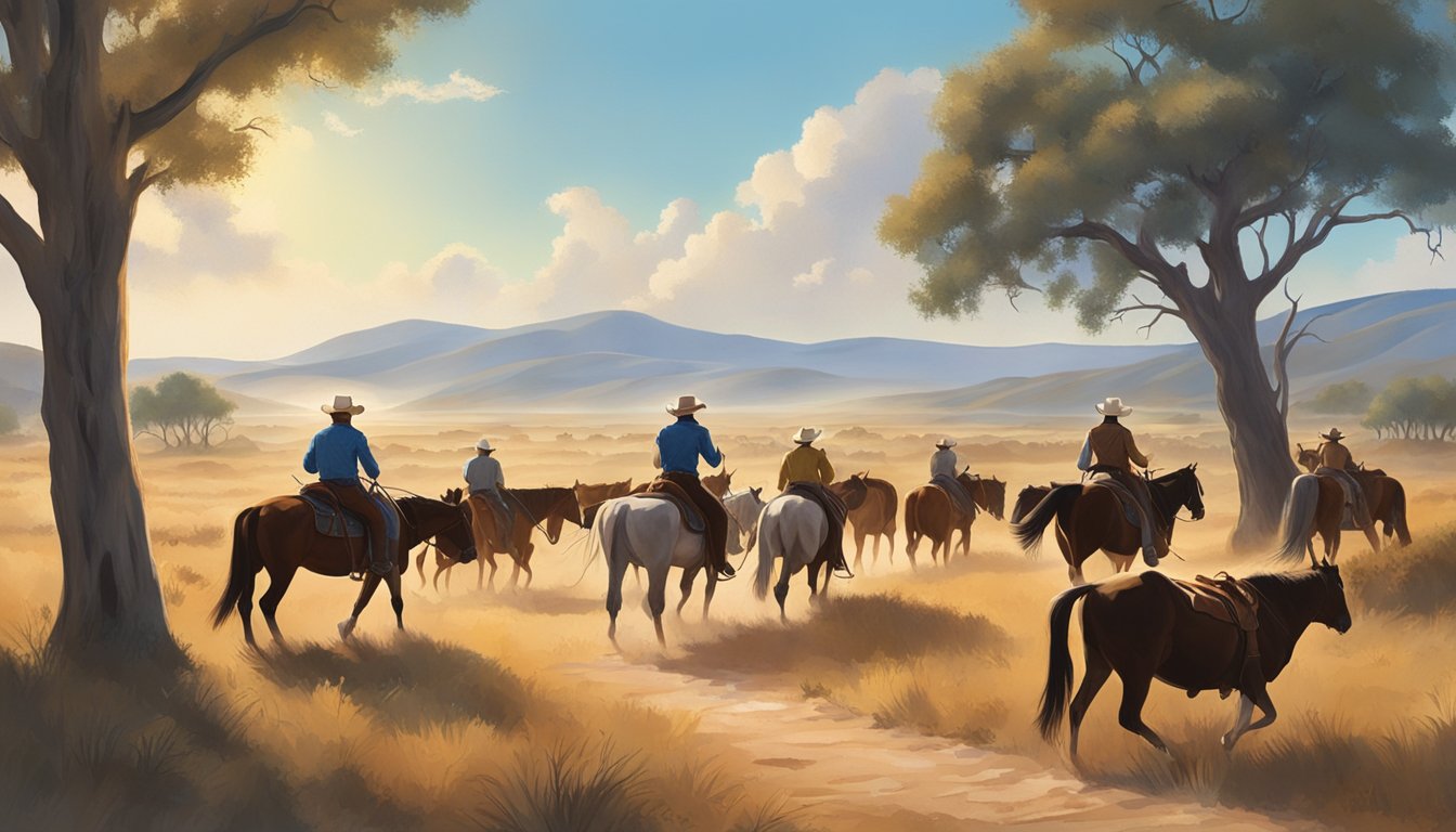 A group of cowboys on horseback herding cattle through a dusty, sun-drenched Texas landscape, with a backdrop of rolling hills and a big blue sky