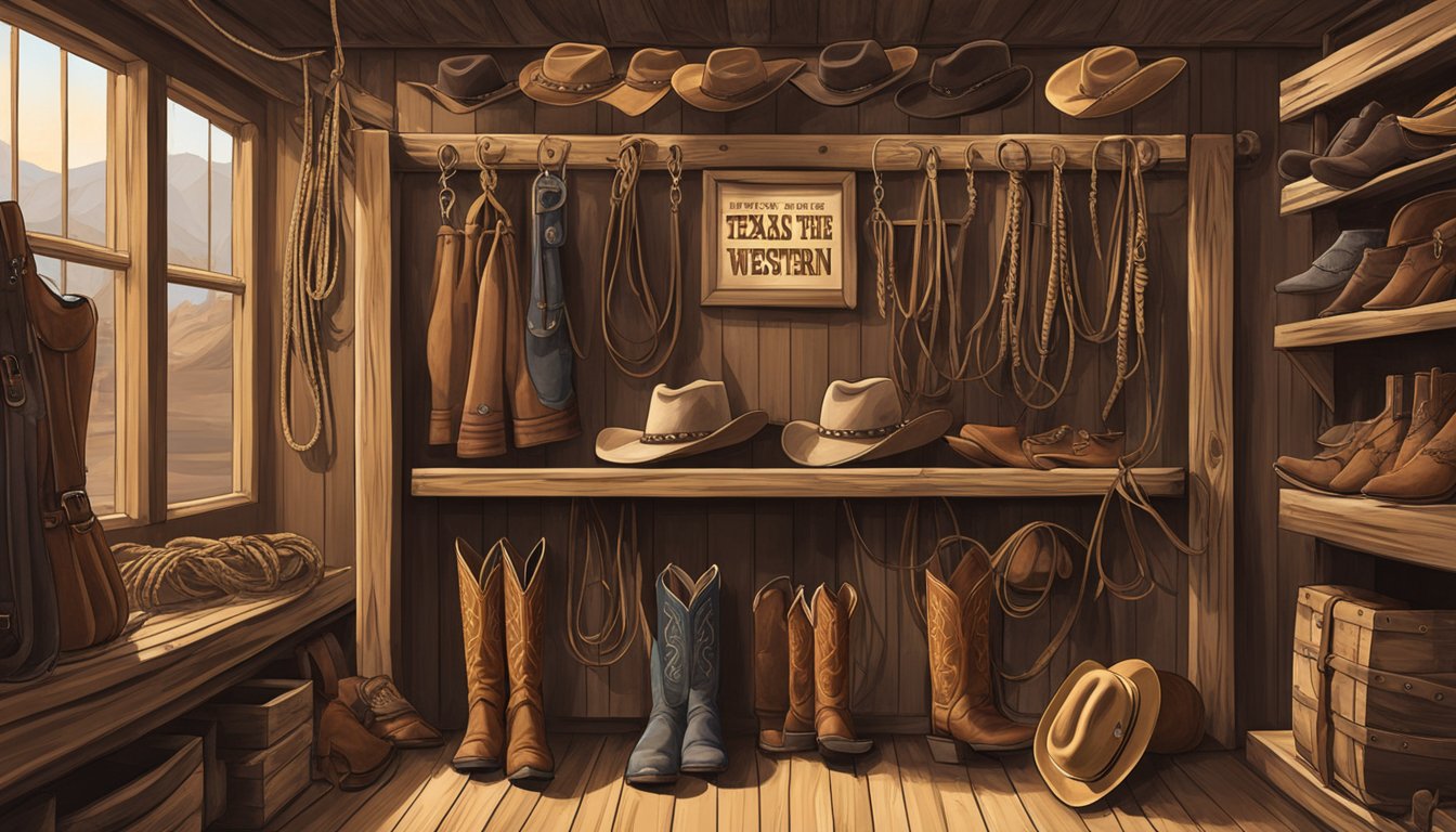 A cowboy hat, boots, and a lasso hang on a wooden rack in a rustic western gear shop. A sign advertises "The Texas Cowboys Guide to the Best Western Gear Shops."