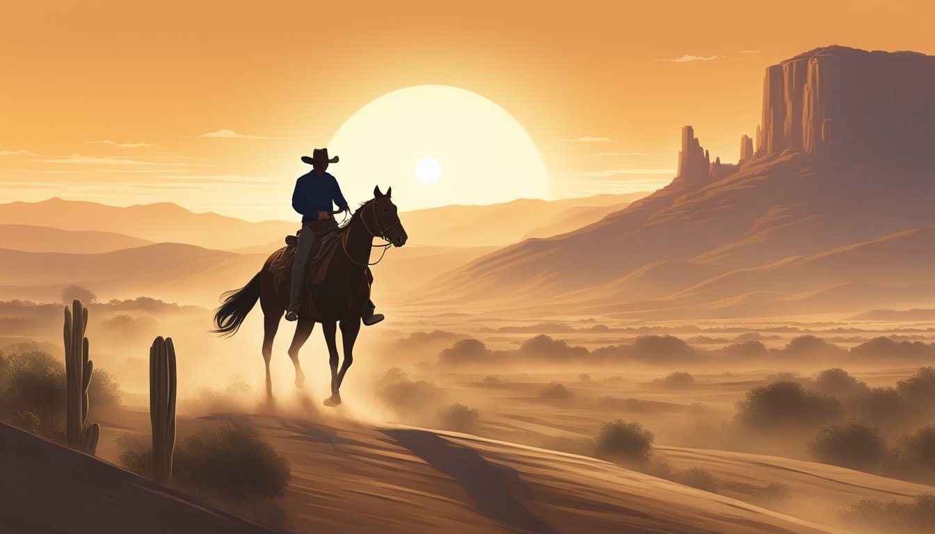 A lone cowboy riding through a dusty Texas landscape, with a backdrop of rolling hills and a setting sun