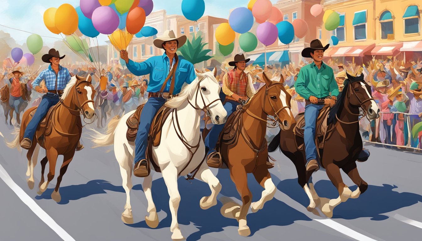 A group of cowboys riding horses in a parade, surrounded by colorful floats and cheering spectators