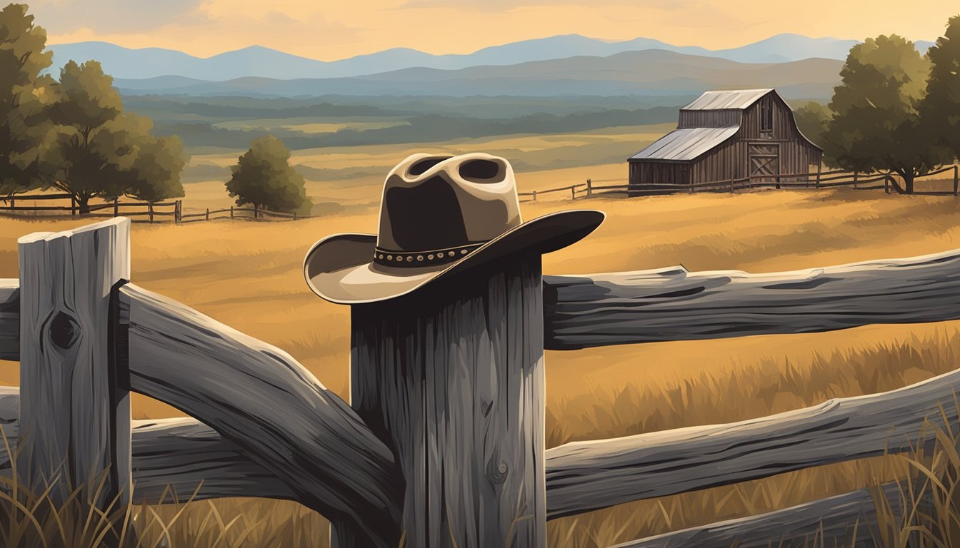 A lone cowboy hat resting on a weathered wooden fence post, with rolling Texas hills and a rustic barn in the background