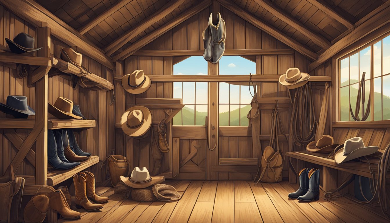 A rustic barn filled with cowboy hats, boots, and western apparel. A lasso hangs from a wooden beam, and a saddle rests on a fence