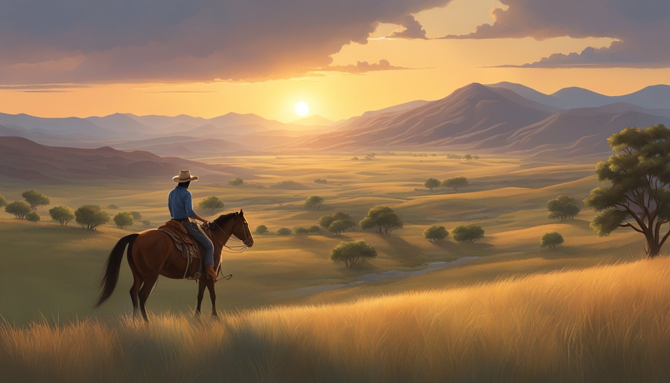 A lone cowboy rides through the rugged Texas landscape, surrounded by rolling hills and grazing cattle. The sun sets in the distance, casting a warm glow over the scene