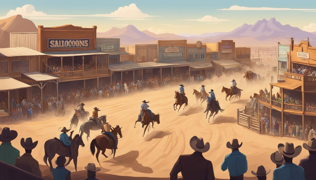 A dusty western town with saloons, cowboys, and cacti. A rodeo arena with cheering crowds and bucking broncos