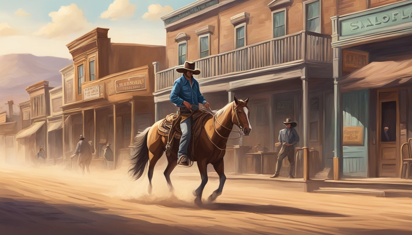 A lone cowboy rides through a dusty western town, passing by a row of saloons and music venues