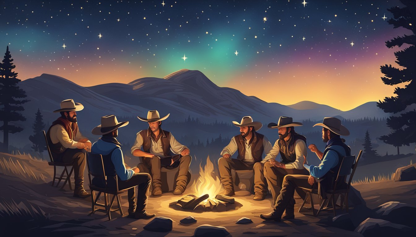 A group of cowboys gather around a campfire, surrounded by rolling hills and a starry night sky. A rustic saloon and cowboy hat are prominent in the background