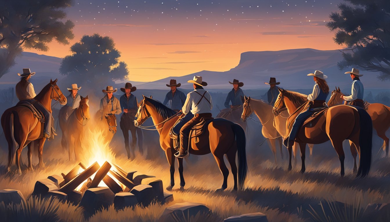 A group of cowboys and cowgirls gather around a campfire, surrounded by horses and cattle, with a backdrop of the Texas prairie and a big, starry sky