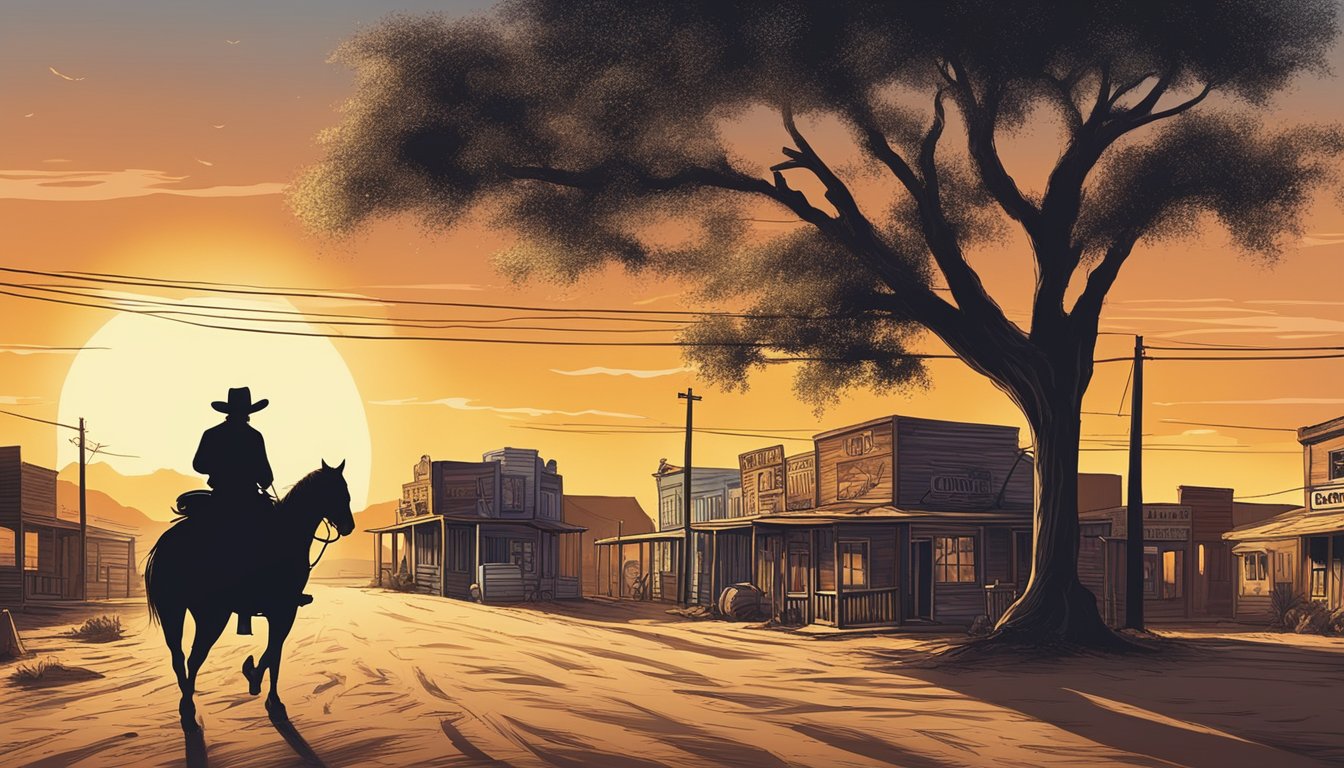 A lone cowboy rides through a dusty Texas town, passing by saloons and country music venues. The sun sets behind the silhouette of a cowboy hat