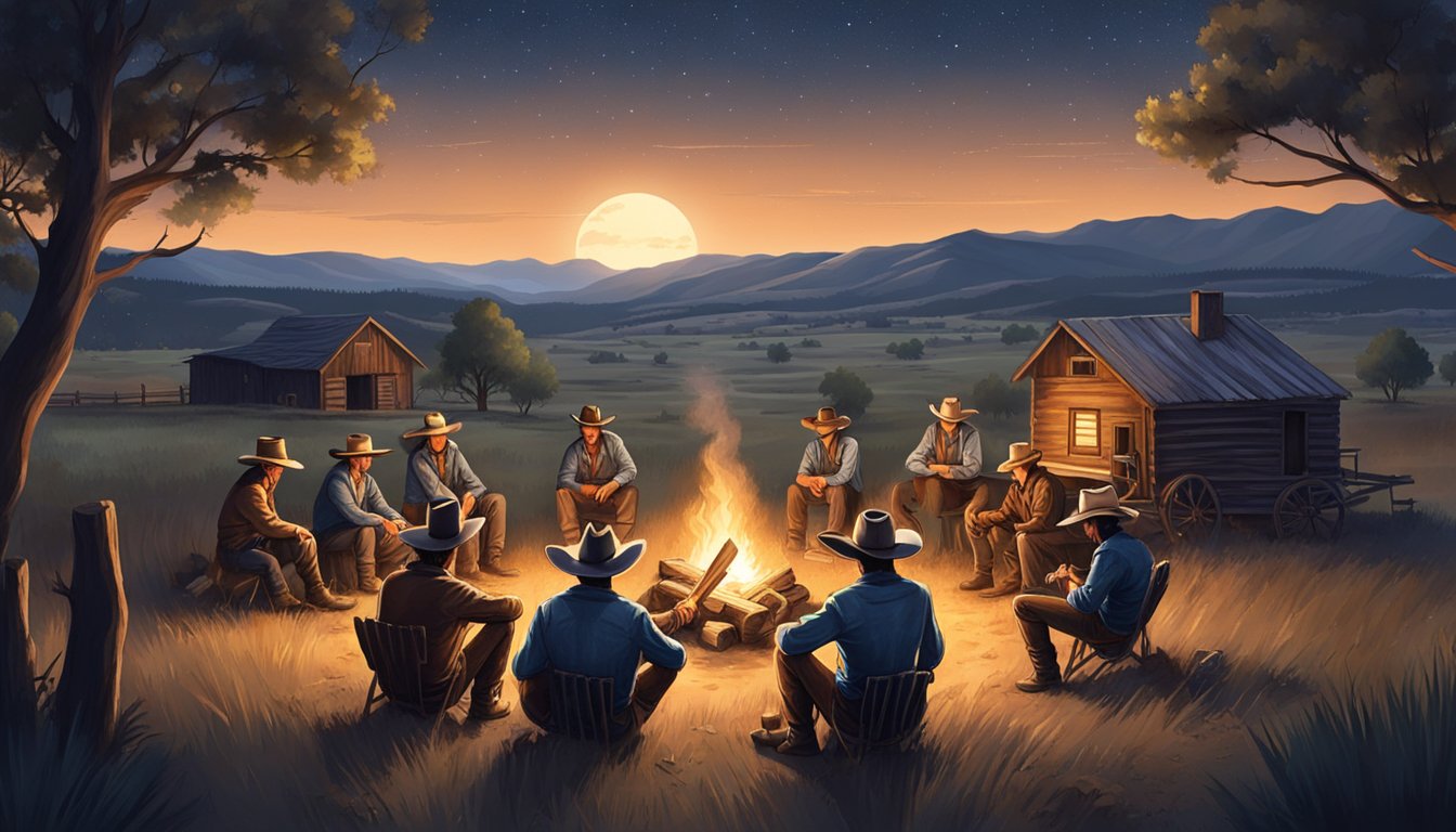 A group of cowboys gather around a campfire under the starry Texas sky, with a backdrop of rolling hills and a rustic wooden ranch house in the distance