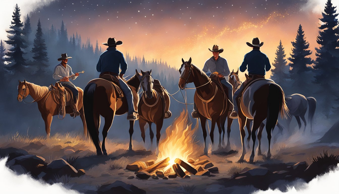 A group of cowboys gather around a blazing campfire, with their horses tethered nearby. The night sky is filled with stars, and the sound of country music drifts through the air