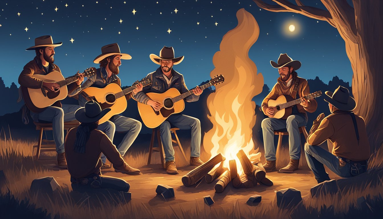 A group of cowboys gathered around a campfire, playing guitars and singing under the starry Texas sky