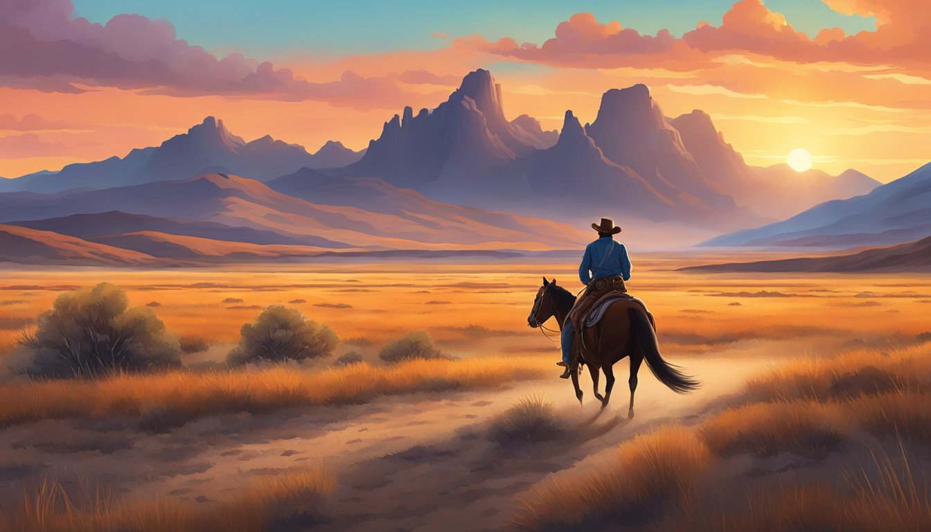 A lone cowboy rides across a vast, open prairie, with a backdrop of rugged mountains and a vibrant sunset in the distance