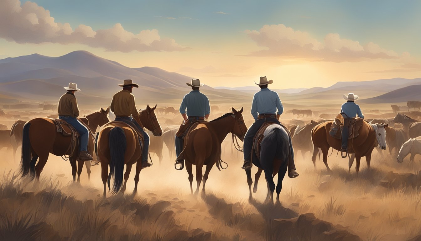 A group of cowboys tending to cattle and horses on a dusty Texas ranch, with a backdrop of rolling hills and a rustic wooden fence