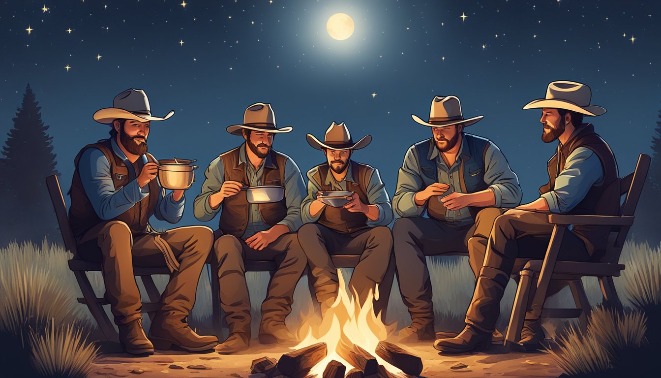 A group of cowboys gather around a campfire, cooking steaks on a grill and sharing stories under the starry Texas sky