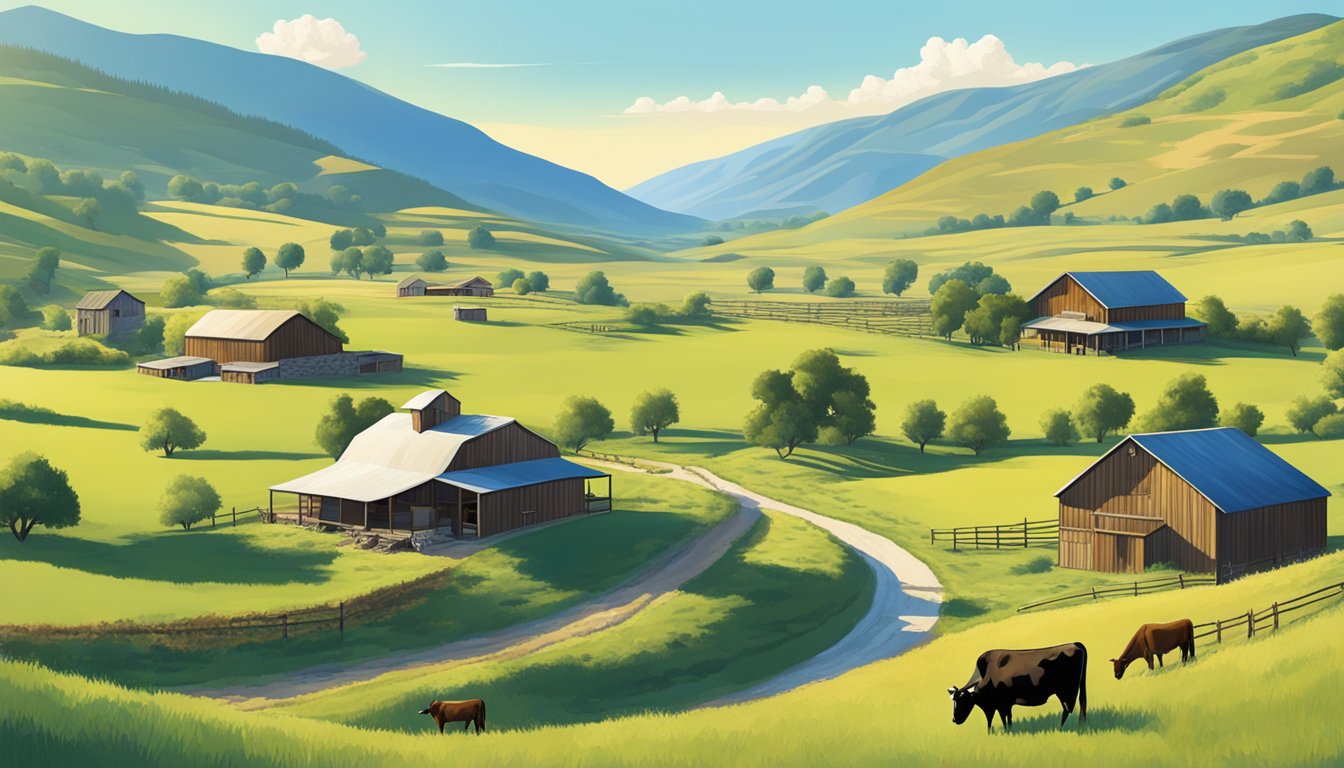 A group of ranch buildings nestled in a picturesque valley, surrounded by rolling hills and grazing cattle, with a clear blue sky overhead