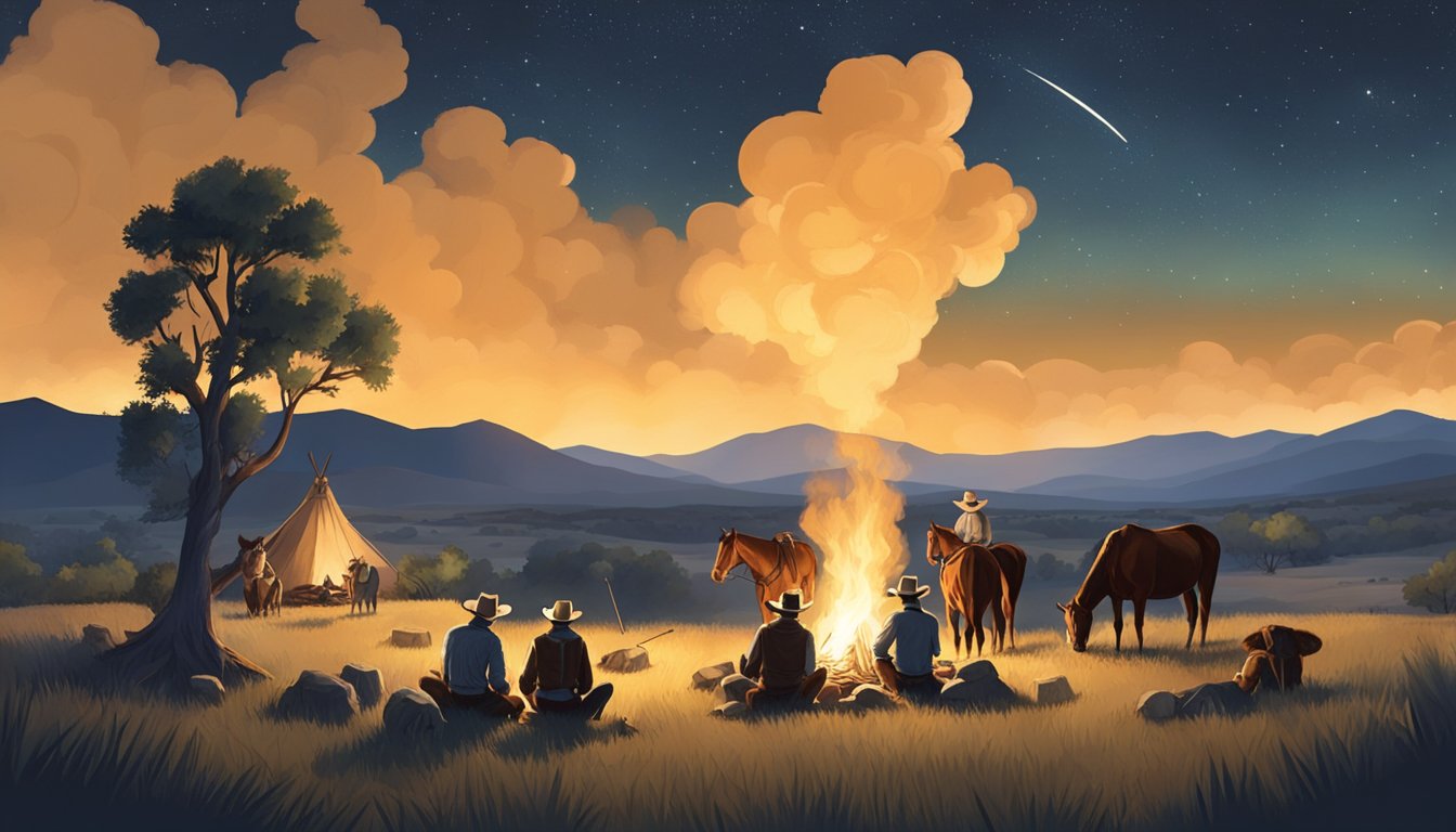 A group of cowboys gather around a campfire under the starry Texas sky, surrounded by rolling hills and grazing cattle