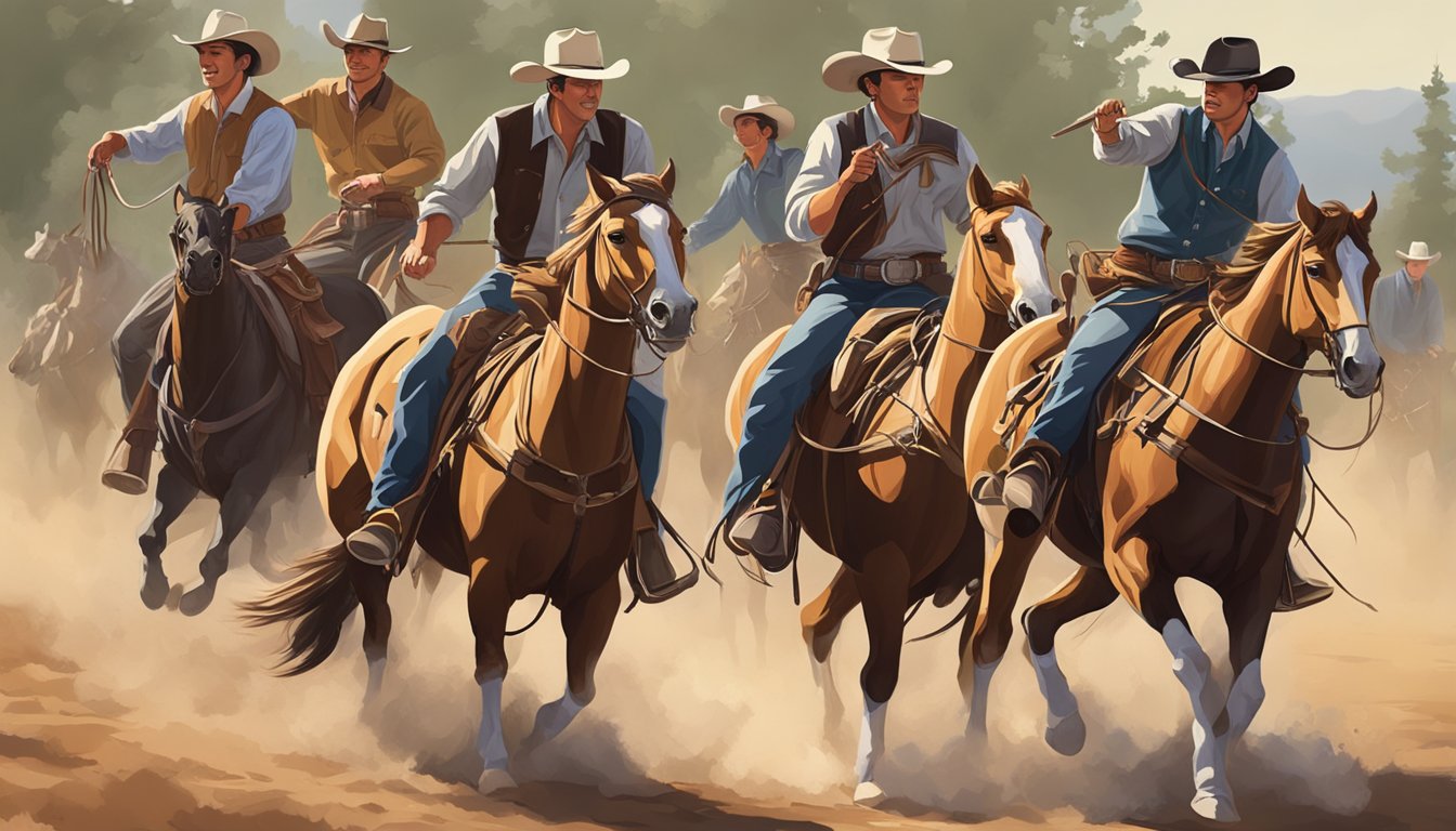 A group of cowboys showcasing lassoing, horseback riding, and cattle herding at a western themed rally